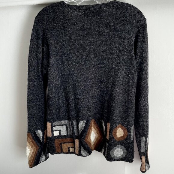 La Vicunita Peruvian Baby Alpaca Cardigan Sweater Size M Gray Multi Aztec Geo - Picture 2 of 15